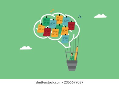Ideation, brainstorming to gather new ideas, effective meeting discussion, team collaboration, finding solutions, scrum, brain-shaped idea balloon moving in the sky