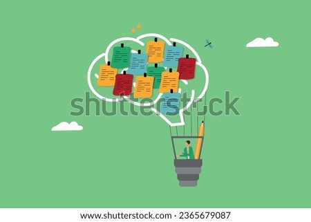 Ideation, brainstorming to gather new ideas, effective meeting discussion, team collaboration, finding solutions, scrum, brain-shaped idea balloon moving in the sky