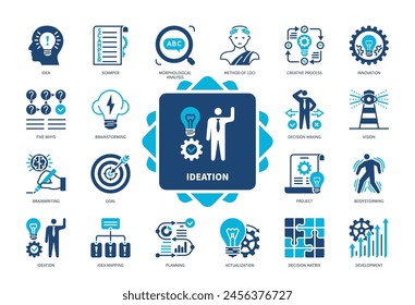 Ideation icon set. SCAMPER, Five Whys, Brainstorming, Idea Mapping, Body storming, Decision Matrix, Brain writing, Innovation. Duotone color solid icons