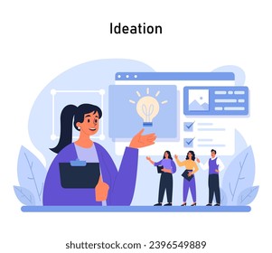 Illustration der Ideenbühne. Ein Anführer präsentiert ein neues Konzept, während das Team mit Feedback beiträgt und die kollaborative Ideenerzeugung verkörpert. Flache Vektorgrafik