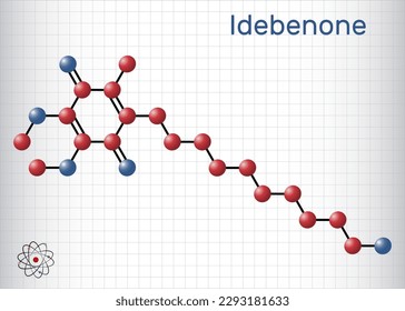 Idebenone molecule. It is antioxidant, synthetic analog of coenzyme Q10, used for Alzheimer disease. Structural chemical formula, molecule model. Sheet of paper in a cage. Vector illustration