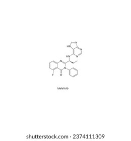 Estructura molecular esquelética plana de Idelalisib El fármaco inhibidor de la tirosina quinasa (TKI) utilizado en el tratamiento del cáncer de sangre. Ilustración vectorial.