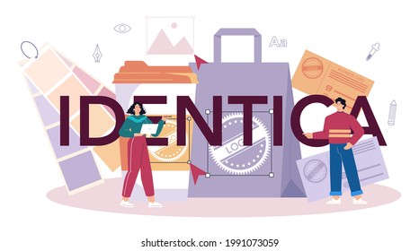 Identica typografische Header. Grafikdesigner gestalten Markendesign und Werbung mit elektronischen Geräten. Entwicklung von Webbannern. Flaches Vektorgrafik