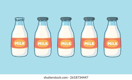 Identical glass bottle of fresh white milk, each with simple "MILK" label and blue cap. Representing daity products, nutrition, and healty eating