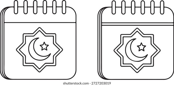 Ilustraciones idénticas de dos calendarios, cada uno con una luna creciente y una estrella en forma de octágono, contra blanco.