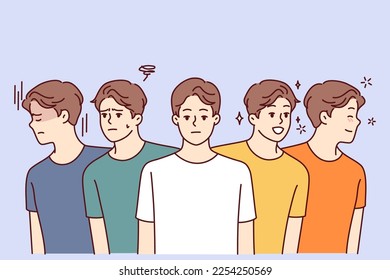 Identical men with positive and negative emotions look in different directions for concept of frequent mood swings. Young guys in colorful casual t-shirts smile or frown. Flat vector illustration