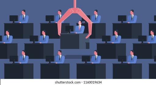 Identical people sit at desks with computers and large robotic arm grabbing one of them. Concept of dismissal of employee, office worker or clerk. Colorful vector illustration in flat cartoon style.