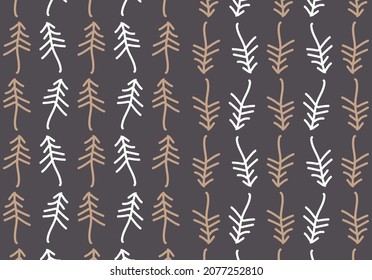 identical twigs with seamless patterns. Hand drawn vector illustration in simple boho scandinavian style simple line style. Dark brown and white branches on dark brown background