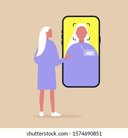Identification, access and safety, face recognition technology, Millennial female character looking at the mobile phone camera