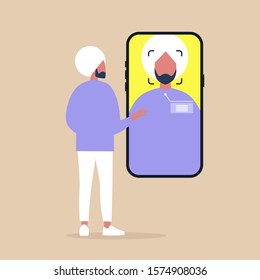 Identification, access and safety, face recognition technology, Millennial indian male character looking at the mobile phone camera
