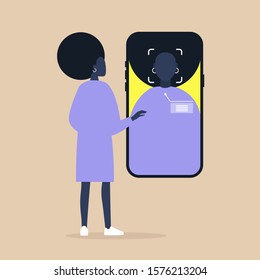 Identification, access and safety, face recognition technology, Millennial african female character looking at the mobile phone camera
