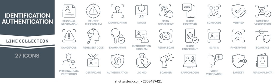 Identification and authentication linear signed icon collection. Signed thin line icons collection. Set of identification and authentication simple outline icons