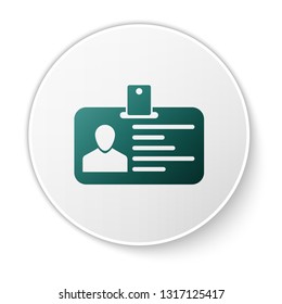 Identification badge icon isolated on white background. Identification card. It can be used for presentation, identity of the company, advertising and etc. Green circle button. Vector Illustration