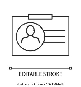 Identification badge linear icon. Thin line illustration. ID card. Contour symbol. Vector isolated outline drawing. Editable stroke