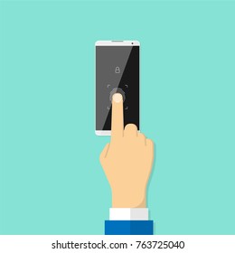 Identification by fingerprint on smartphone. Vector illustration in flat style