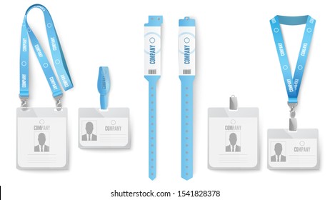 Identification Card Badge. Event Identification Cards, Badges On Lanyard And Blue ID Mockup Realistic Vector Set.Employee Pass, Access Card With Neck Hangers And Clips. Paper Wristbands For Events