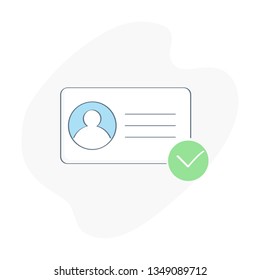 Identification card, badge pass, access control, approved ID identity or personality card with photo or user profile, online security concept. Personal identification vector icon in flat line style.  