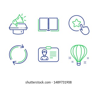 Juego de iconos de la línea de rotación completa y del libro de identificación. Megáfono, estrella de la lealtad y carteles de globo aerostático. Documento personal, curso de aprendizaje electrónico, Actualizar o volver a cargar. Publicidad de marca. Vector