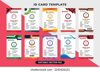 Identification card bundle for business organizations. Office identity card set design with photo placeholders. Employee and student ID card template collection for corporate identity.