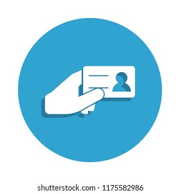 identification card in hands icon in badge style. One of cyber security collection icon can be used for UI, UX