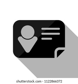 Identification card icon. Black object with long shadow on white background