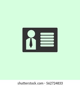 Identification card icon flat. Grey vector symbol on green background