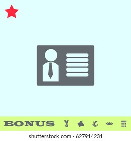 Identification card icon flat. Grey pictogram on blue background. Vector illustration symbol and bonus buttons medal, cow, earth, eye, calculator