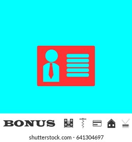 Identification card icon flat. Red pictogram on blue background. Vector illustration symbol and bonus buttons Music center, corkscrew, credit card, house, drum