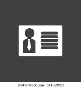 Identification card icon flat. Vector white illustration isolated on black background. Flat symbol