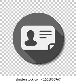 Identification card icon. ID profile. flat icon, long shadow, circle, transparent grid. Badge or sticker style