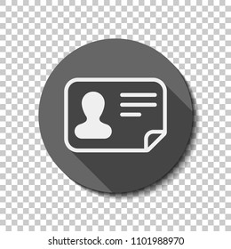 Identification card icon. ID profile. flat icon, long shadow, circle, transparent grid. Badge or sticker style