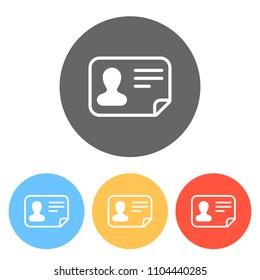 Identification card icon. ID profile. Set of white icons on colored circles
