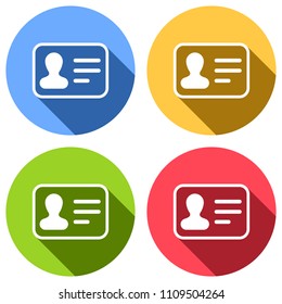 Identification card icon. ID profile. Set of white icons with long shadow on blue, orange, green and red colored circles. Sticker style