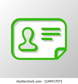 Identification card icon. ID profile. Paper style. Cut symbol with green bold contour on shape and simple shadow