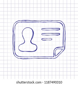 Identification card icon. ID profile. Hand drawn picture on paper sheet. Blue ink, outline sketch style. Doodle on checkered background