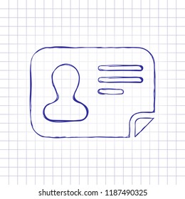 Identification card icon. ID profile. Hand drawn picture on paper sheet. Blue ink, outline sketch style. Doodle on checkered background