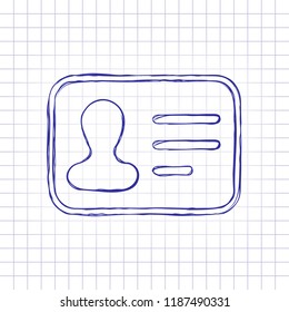 Identification card icon. ID profile. Hand drawn picture on paper sheet. Blue ink, outline sketch style. Doodle on checkered background