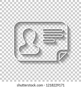 Identification card icon. ID profile. White outline sign with shadow on transparent background