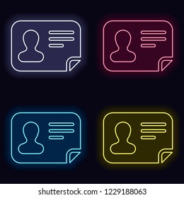 Identification card icon. ID profile. Set of neon sign. Casino style on dark background. 