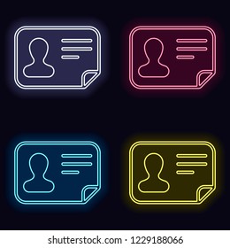 Identification card icon. ID profile. Set of neon sign. Casino style on dark background.