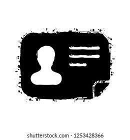 Identification card icon. ID profile. Black ink with splashes on white background