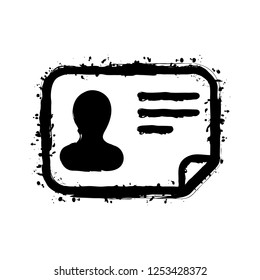 Identification card icon. ID profile. Black ink with splashes on white background