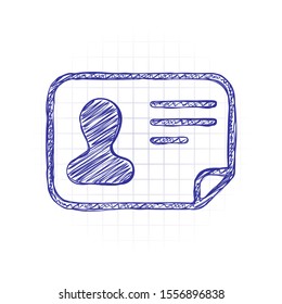 Identification card icon. ID profile. Hand drawn sketched picture with scribble fill. Blue ink. Doodle on white background