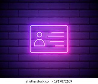 Identification card icon. ID profile. Neon style. Light decoration icon. Bright electric symbol isolated on brick wall.