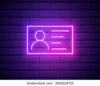 Identifizierungskarte-Symbol. ID-Profil. Neon-Stil. Symbol für helle Dekoration. Helles elektrisches Symbol einzeln auf Ziegelwand