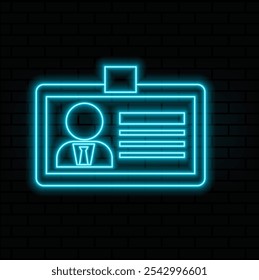Ícone do cartão de identificação. Perfil de ID. Estilo neon. Ícone de decoração de luz. Símbolo elétrico brilhante isolado na parede de tijolo.