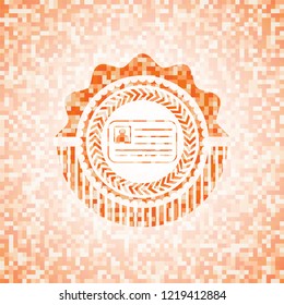 identification card icon inside abstract emblem, orange mosaic background