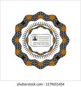 identification card icon inside arabic style badge. Arabesque decoration.