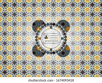 identification card icon inside arabic emblem background. Arabesque decoration.