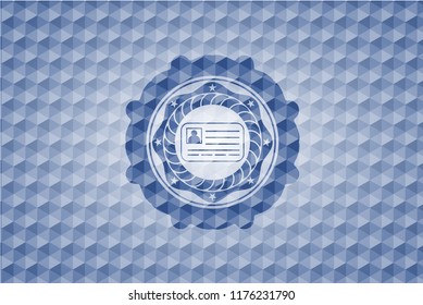 identification card icon inside blue polygonal emblem.